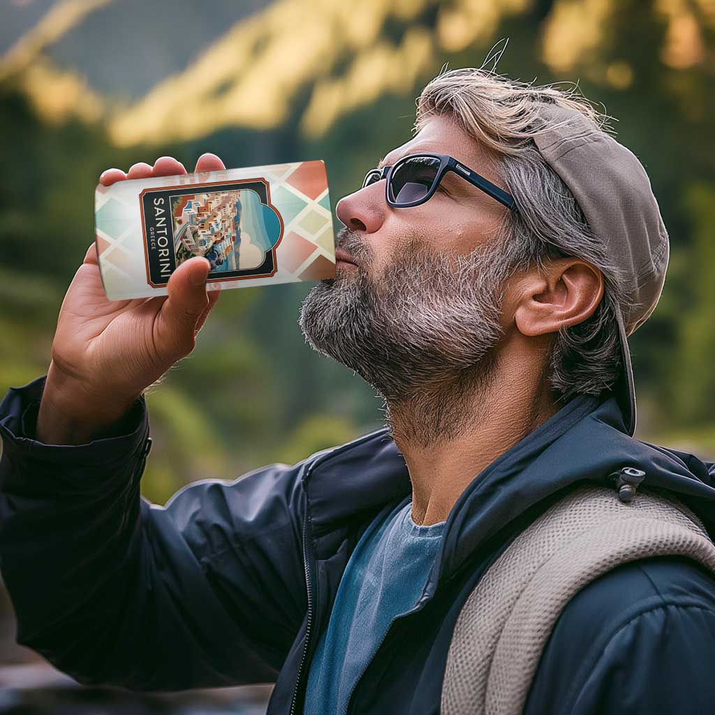 Santorini Greece 4 in 1 Can Cooler Tumbler Sunset Village Print and Mediterranean Geometric Pattern