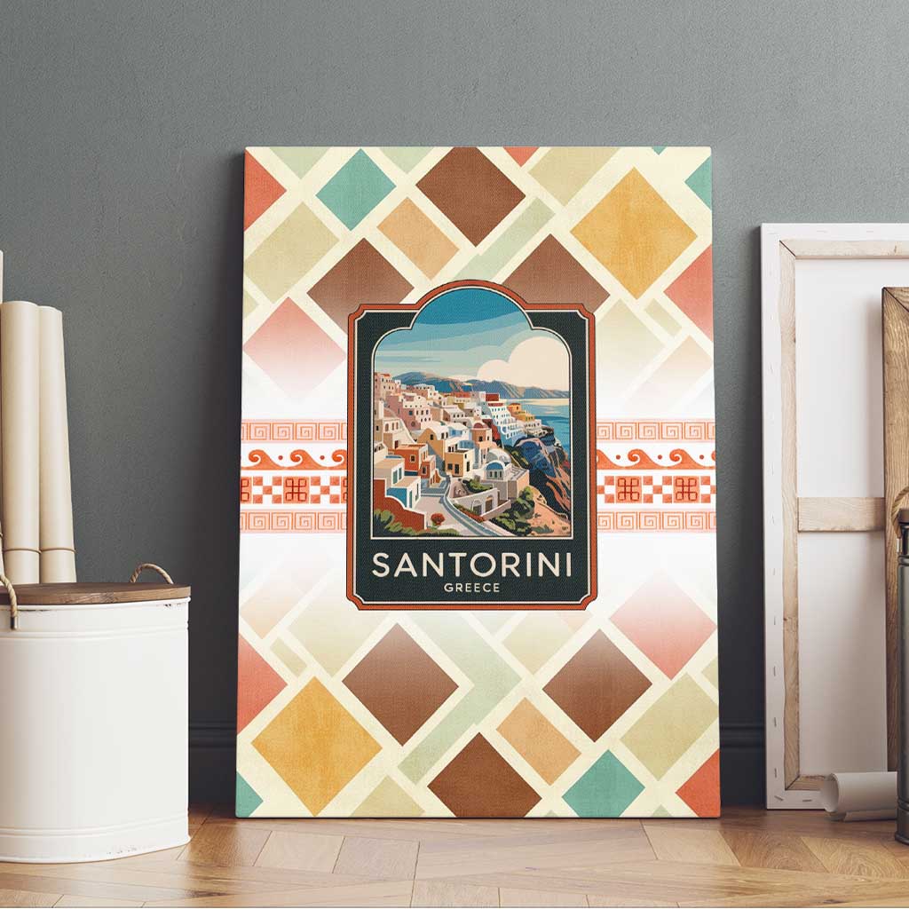 Santorini Greece Canvas Wall Art Sunset Village Print and Mediterranean Geometric Pattern