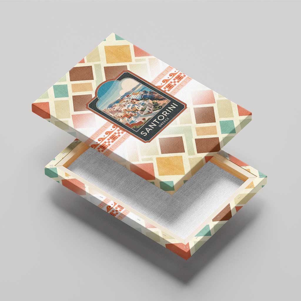 Santorini Greece Canvas Wall Art Sunset Village Print and Mediterranean Geometric Pattern