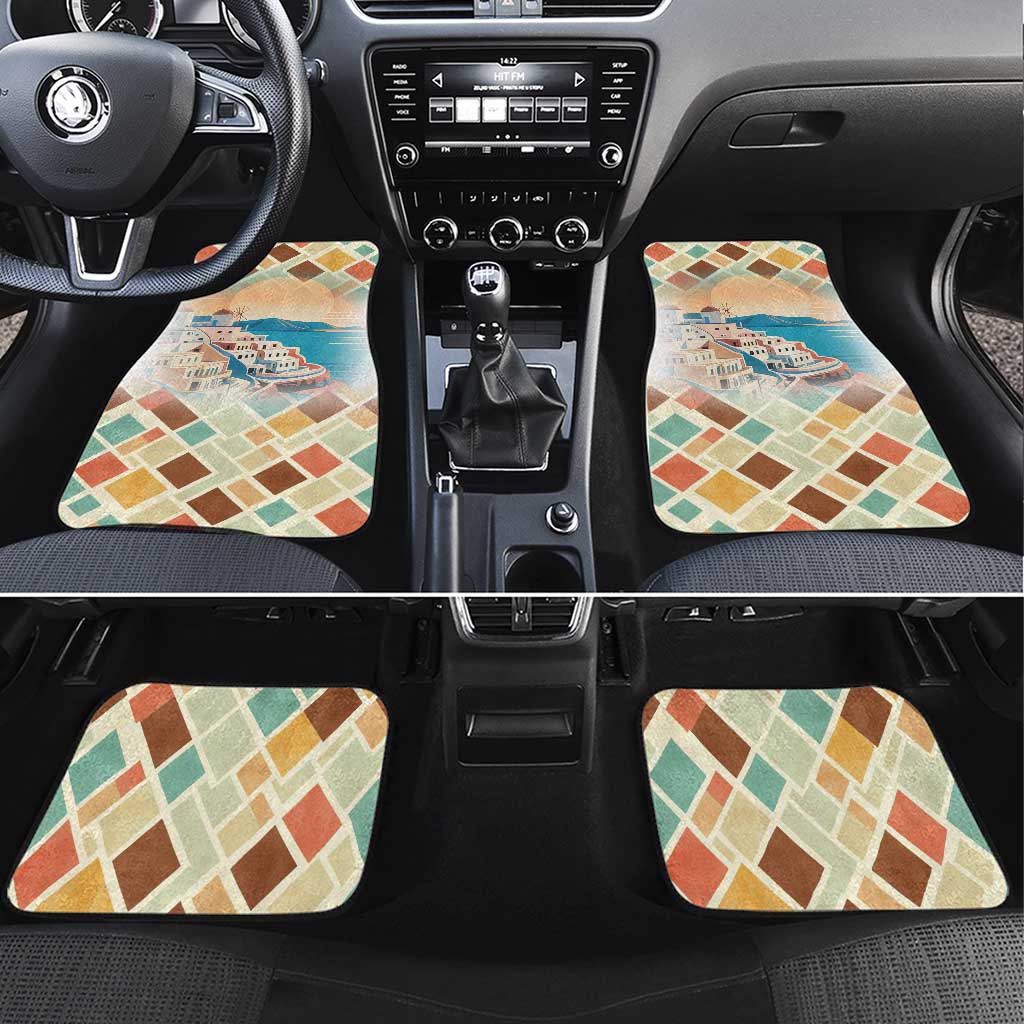 Santorini Greece Car Mats Sunset Village Print and Mediterranean Geometric Pattern