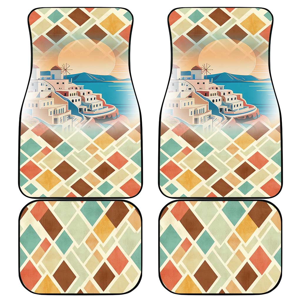 Santorini Greece Car Mats Sunset Village Print and Mediterranean Geometric Pattern