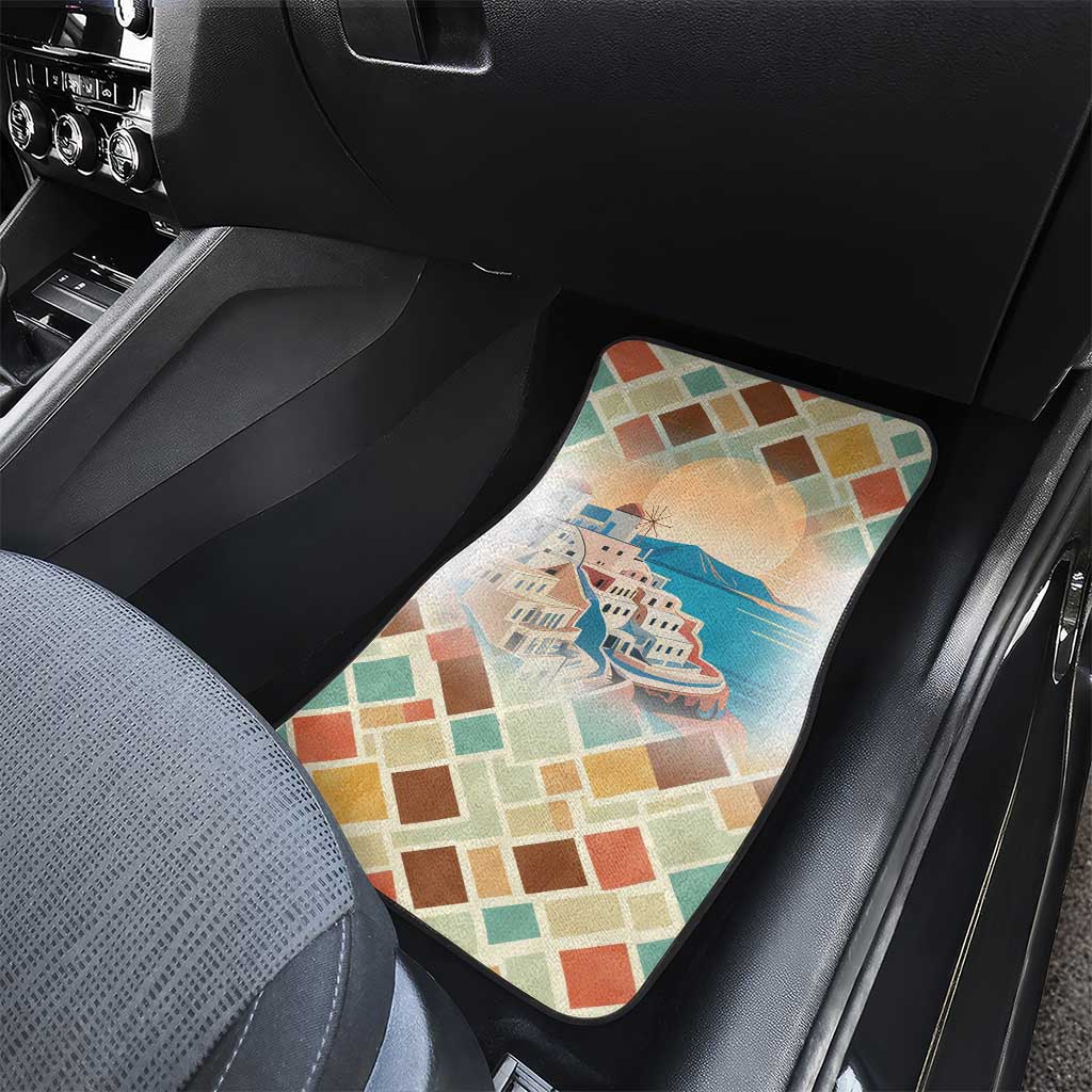 Santorini Greece Car Mats Sunset Village Print and Mediterranean Geometric Pattern