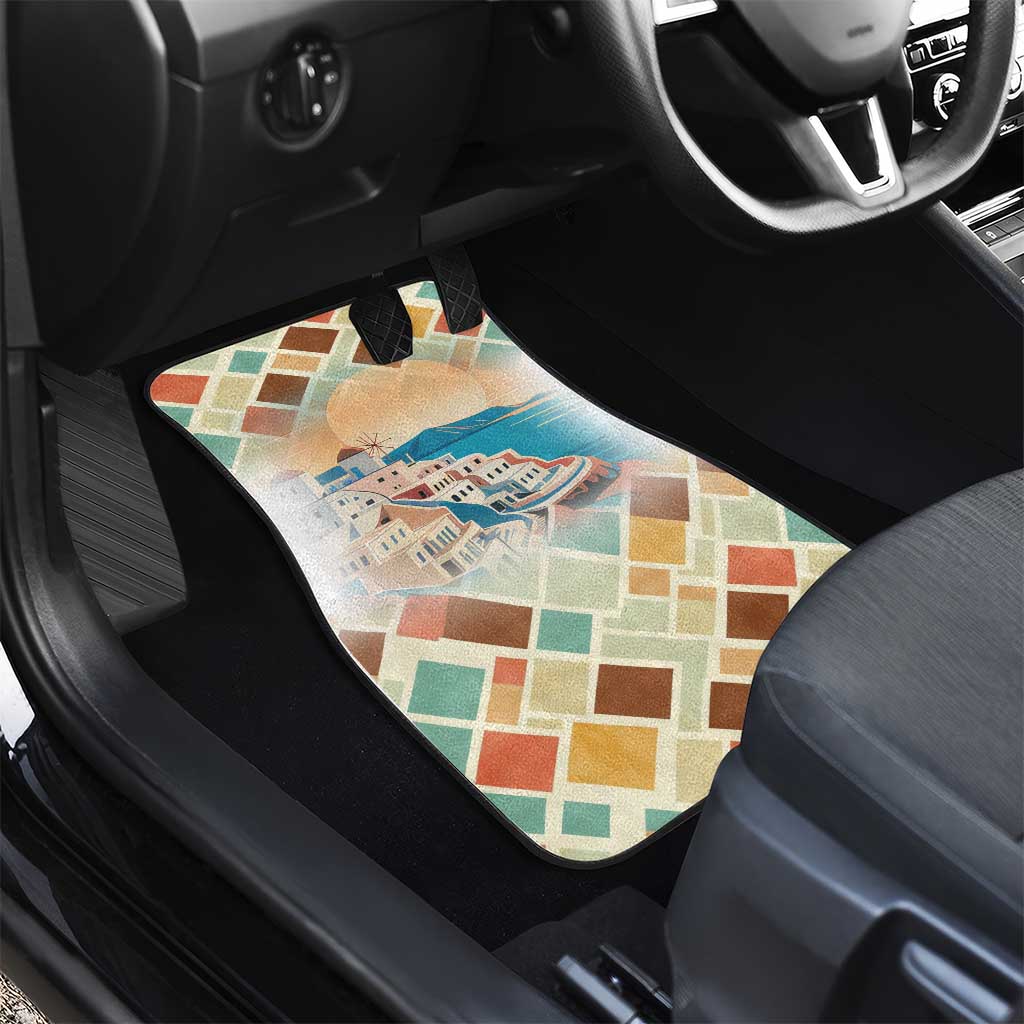 Santorini Greece Car Mats Sunset Village Print and Mediterranean Geometric Pattern