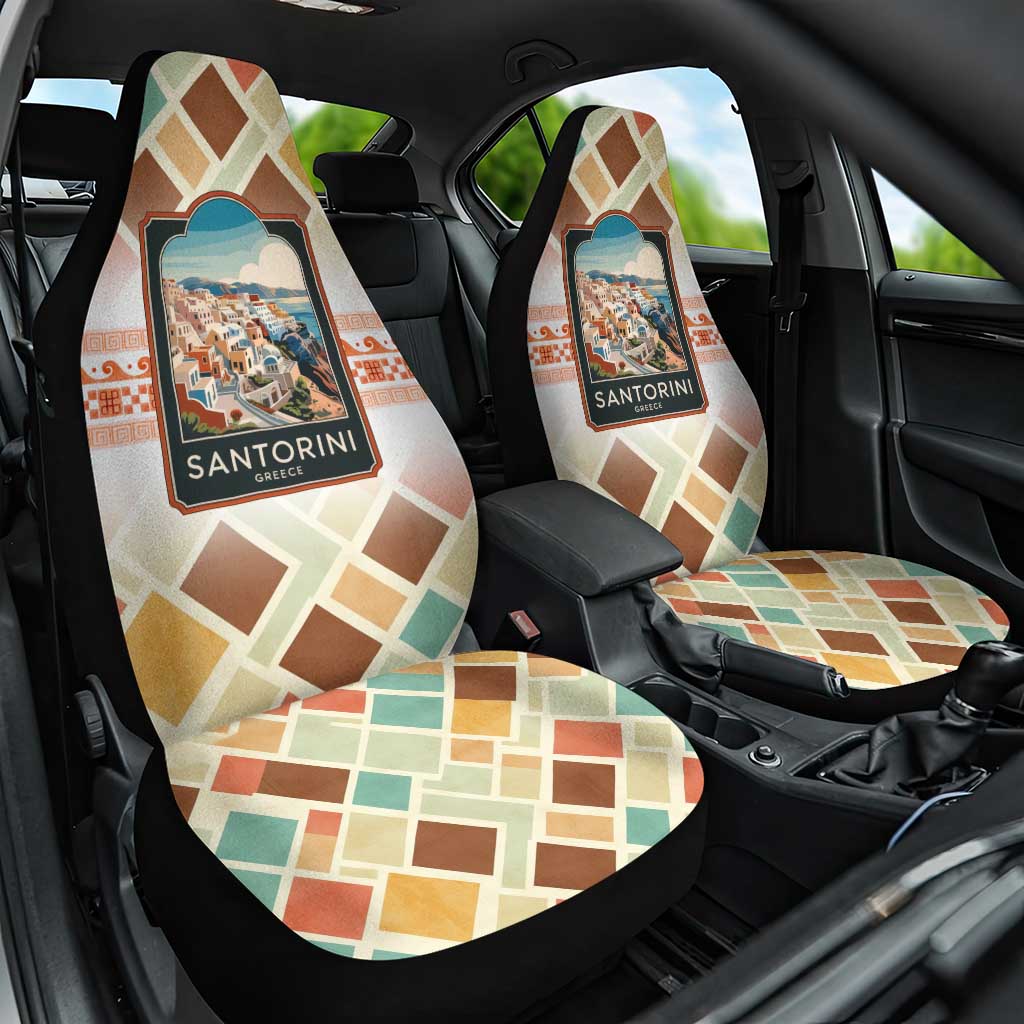 Santorini Greece Car Seat Cover Sunset Village Print and Mediterranean Geometric Pattern