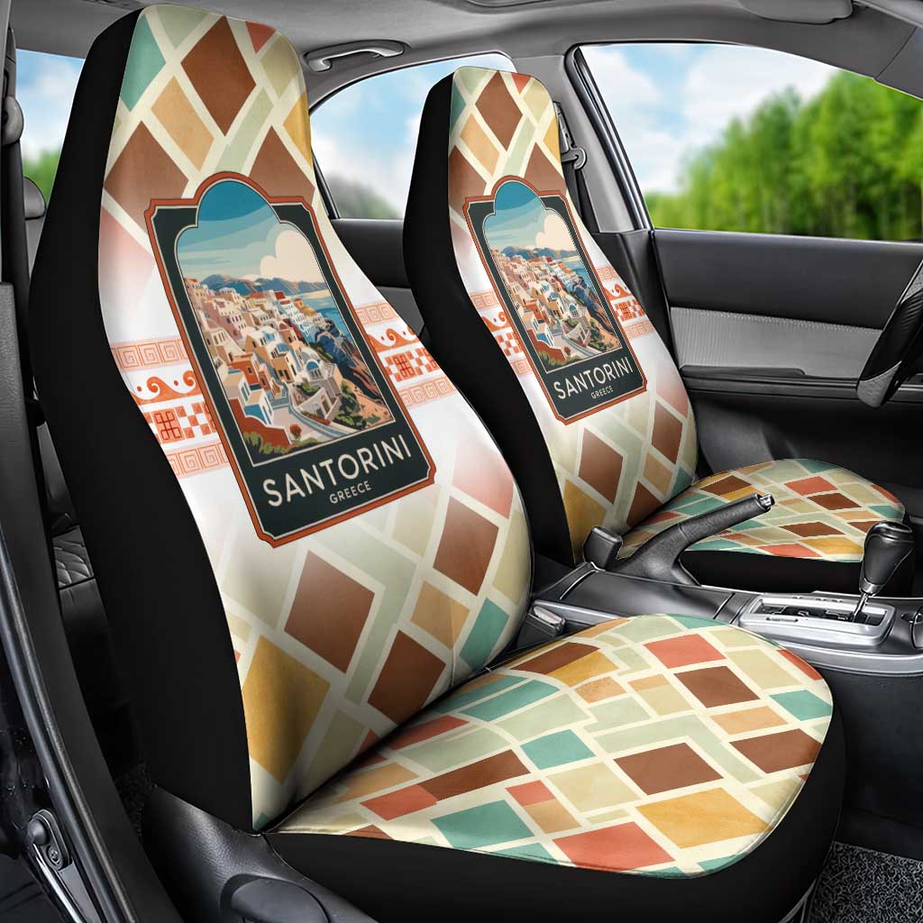Santorini Greece Car Seat Cover Sunset Village Print and Mediterranean Geometric Pattern