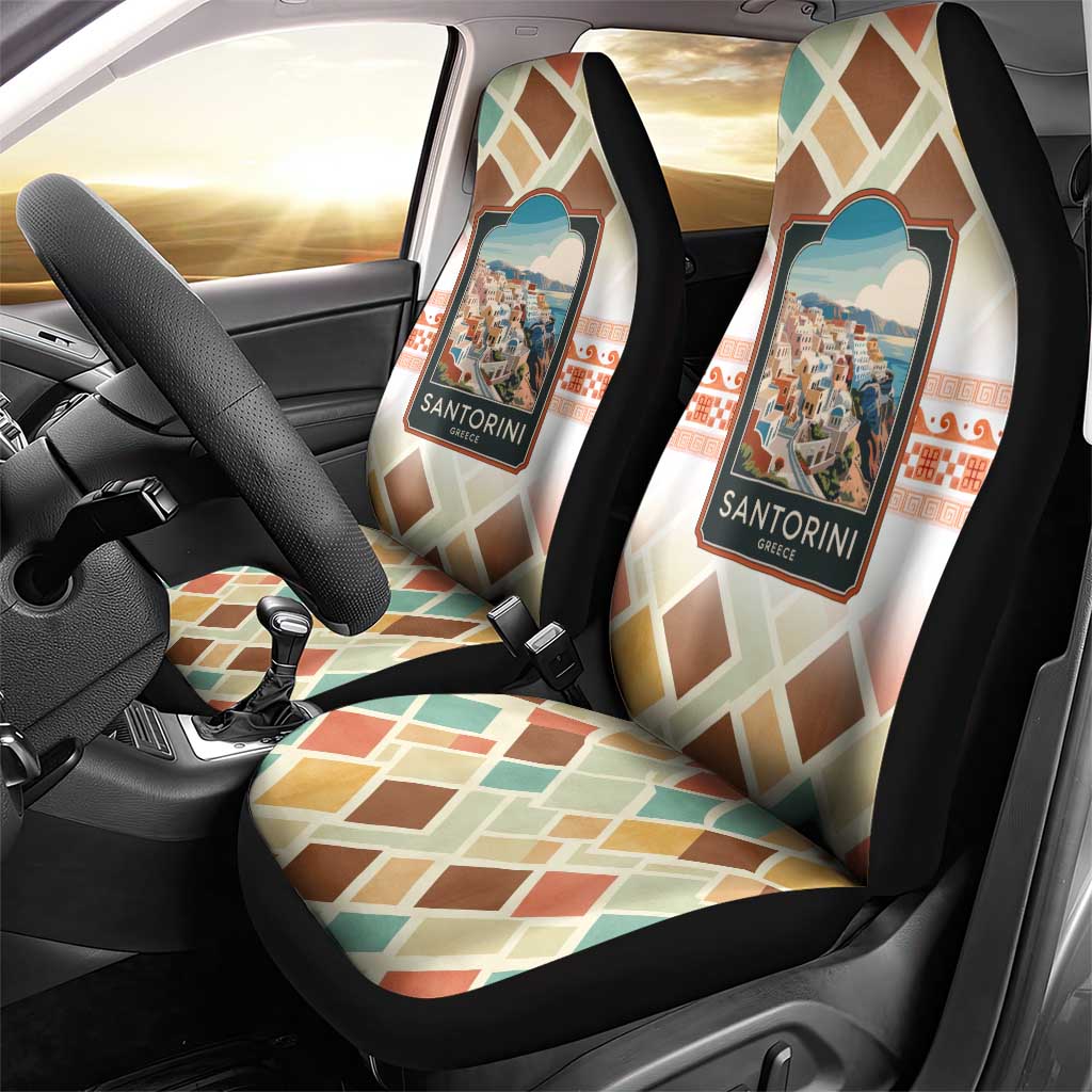 Santorini Greece Car Seat Cover Sunset Village Print and Mediterranean Geometric Pattern