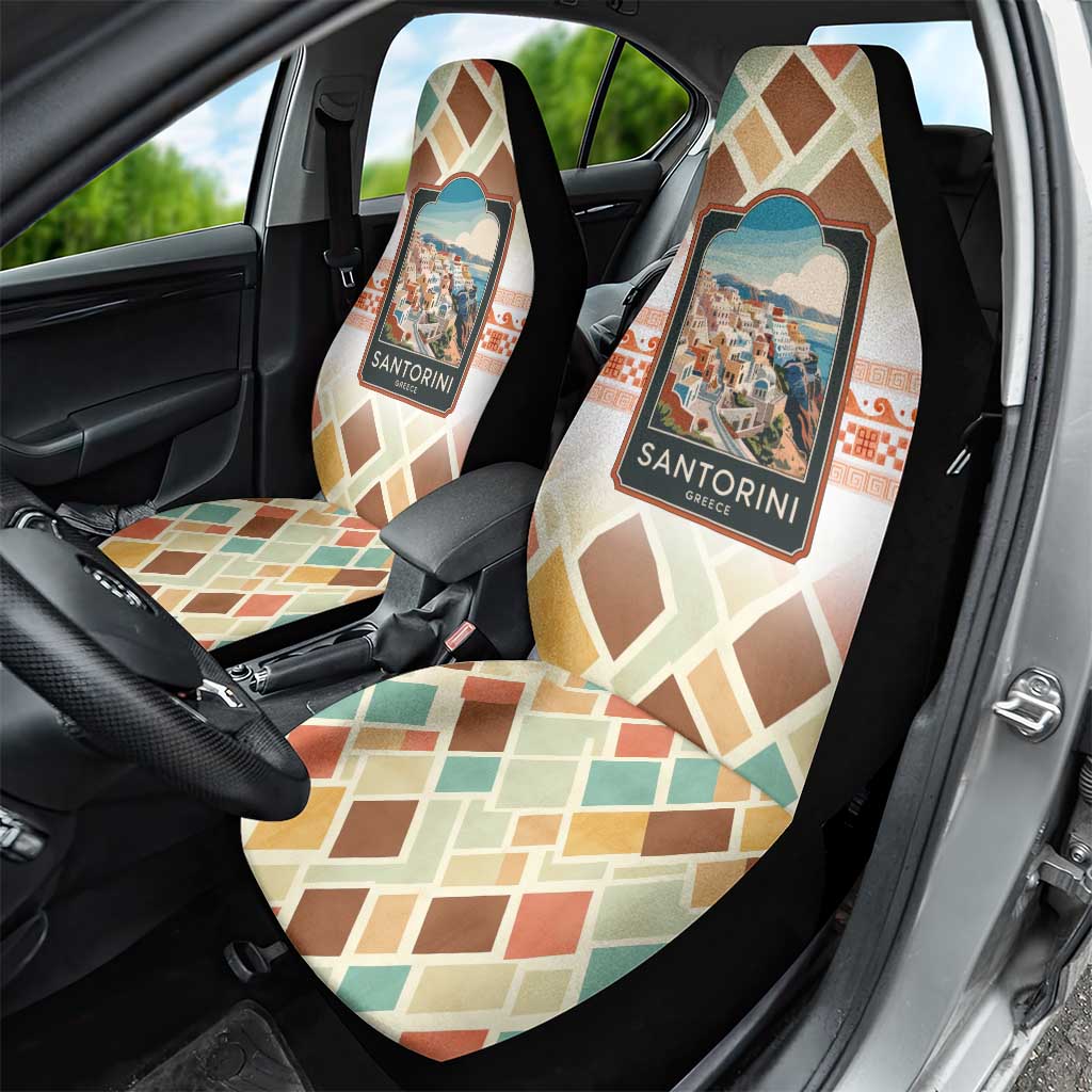 Santorini Greece Car Seat Cover Sunset Village Print and Mediterranean Geometric Pattern