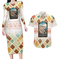 Santorini Greece Couples Matching Long Sleeve Bodycon Dress and Hawaiian Shirt Sunset Village Print and Mediterranean Geometric Pattern