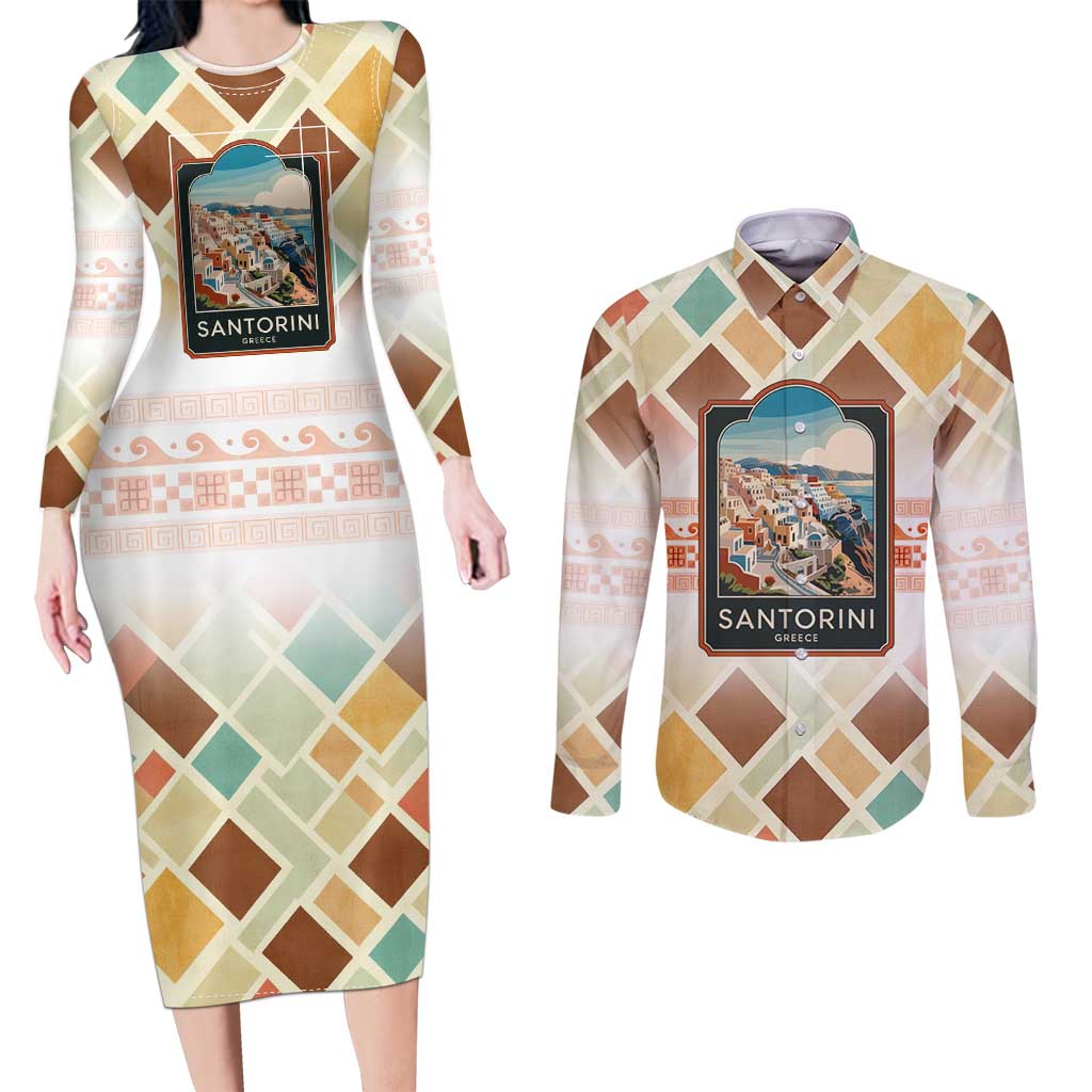 Santorini Greece Couples Matching Long Sleeve Bodycon Dress and Long Sleeve Button Shirt Sunset Village Print and Mediterranean Geometric Pattern
