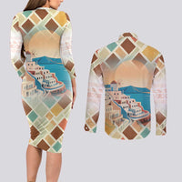 Santorini Greece Couples Matching Long Sleeve Bodycon Dress and Long Sleeve Button Shirt Sunset Village Print and Mediterranean Geometric Pattern