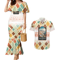 Santorini Greece Couples Matching Mermaid Dress and Hawaiian Shirt Sunset Village Print and Mediterranean Geometric Pattern