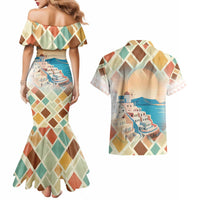 Santorini Greece Couples Matching Mermaid Dress and Hawaiian Shirt Sunset Village Print and Mediterranean Geometric Pattern