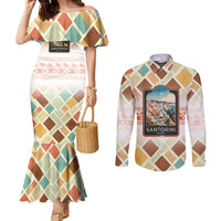 Santorini Greece Couples Matching Mermaid Dress and Long Sleeve Button Shirt Sunset Village Print and Mediterranean Geometric Pattern