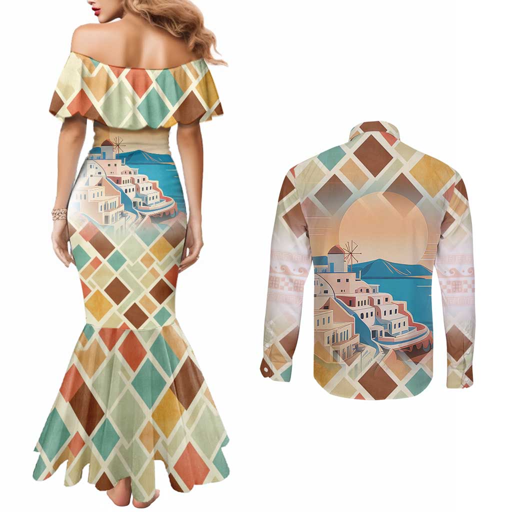 Santorini Greece Couples Matching Mermaid Dress and Long Sleeve Button Shirt Sunset Village Print and Mediterranean Geometric Pattern