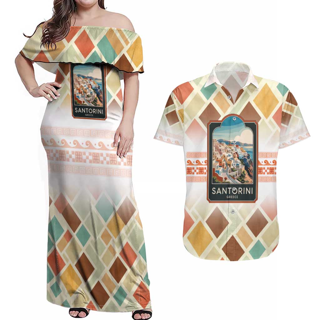 Santorini Greece Couples Matching Off Shoulder Maxi Dress and Hawaiian Shirt Sunset Village Print and Mediterranean Geometric Pattern