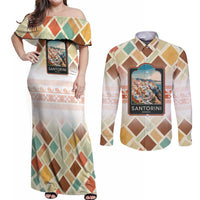 Santorini Greece Couples Matching Off Shoulder Maxi Dress and Long Sleeve Button Shirt Sunset Village Print and Mediterranean Geometric Pattern
