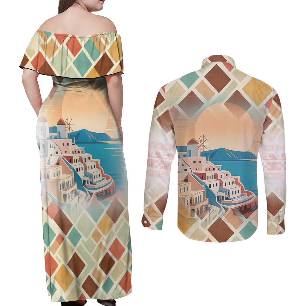 Santorini Greece Couples Matching Off Shoulder Maxi Dress and Long Sleeve Button Shirt Sunset Village Print and Mediterranean Geometric Pattern