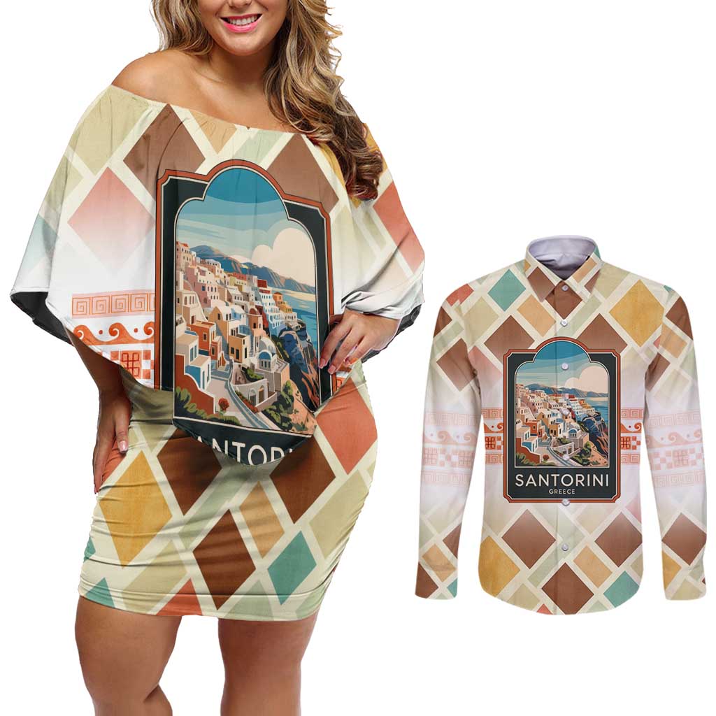 Santorini Greece Couples Matching Off Shoulder Short Dress and Long Sleeve Button Shirt Sunset Village Print and Mediterranean Geometric Pattern