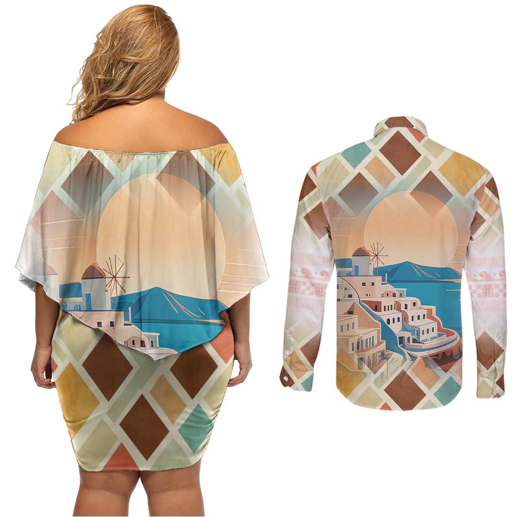Santorini Greece Couples Matching Off Shoulder Short Dress and Long Sleeve Button Shirt Sunset Village Print and Mediterranean Geometric Pattern