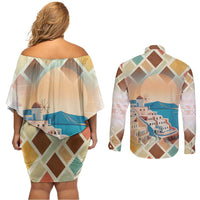 Santorini Greece Couples Matching Off Shoulder Short Dress and Long Sleeve Button Shirt Sunset Village Print and Mediterranean Geometric Pattern