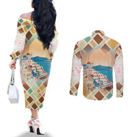 Santorini Greece Couples Matching Off The Shoulder Long Sleeve Dress and Long Sleeve Button Shirt Sunset Village Print and Mediterranean Geometric Pattern