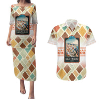 Santorini Greece Couples Matching Puletasi and Hawaiian Shirt Sunset Village Print and Mediterranean Geometric Pattern