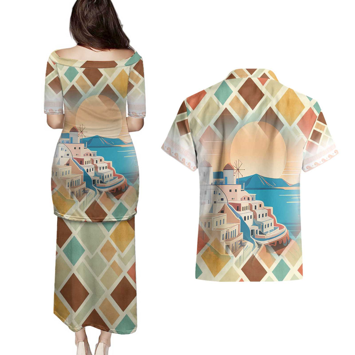 Santorini Greece Couples Matching Puletasi and Hawaiian Shirt Sunset Village Print and Mediterranean Geometric Pattern