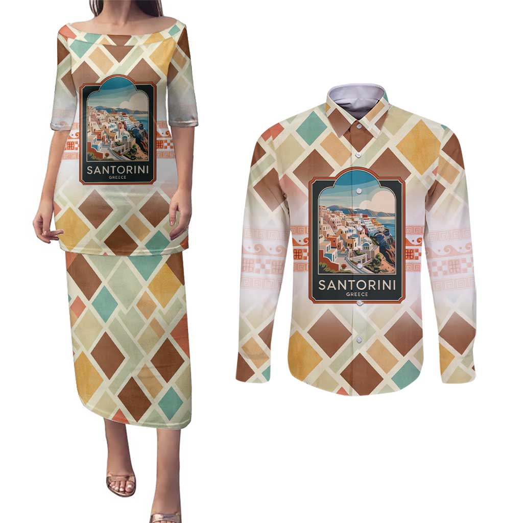 Santorini Greece Couples Matching Puletasi and Long Sleeve Button Shirt Sunset Village Print and Mediterranean Geometric Pattern