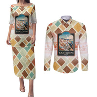 Santorini Greece Couples Matching Puletasi and Long Sleeve Button Shirt Sunset Village Print and Mediterranean Geometric Pattern