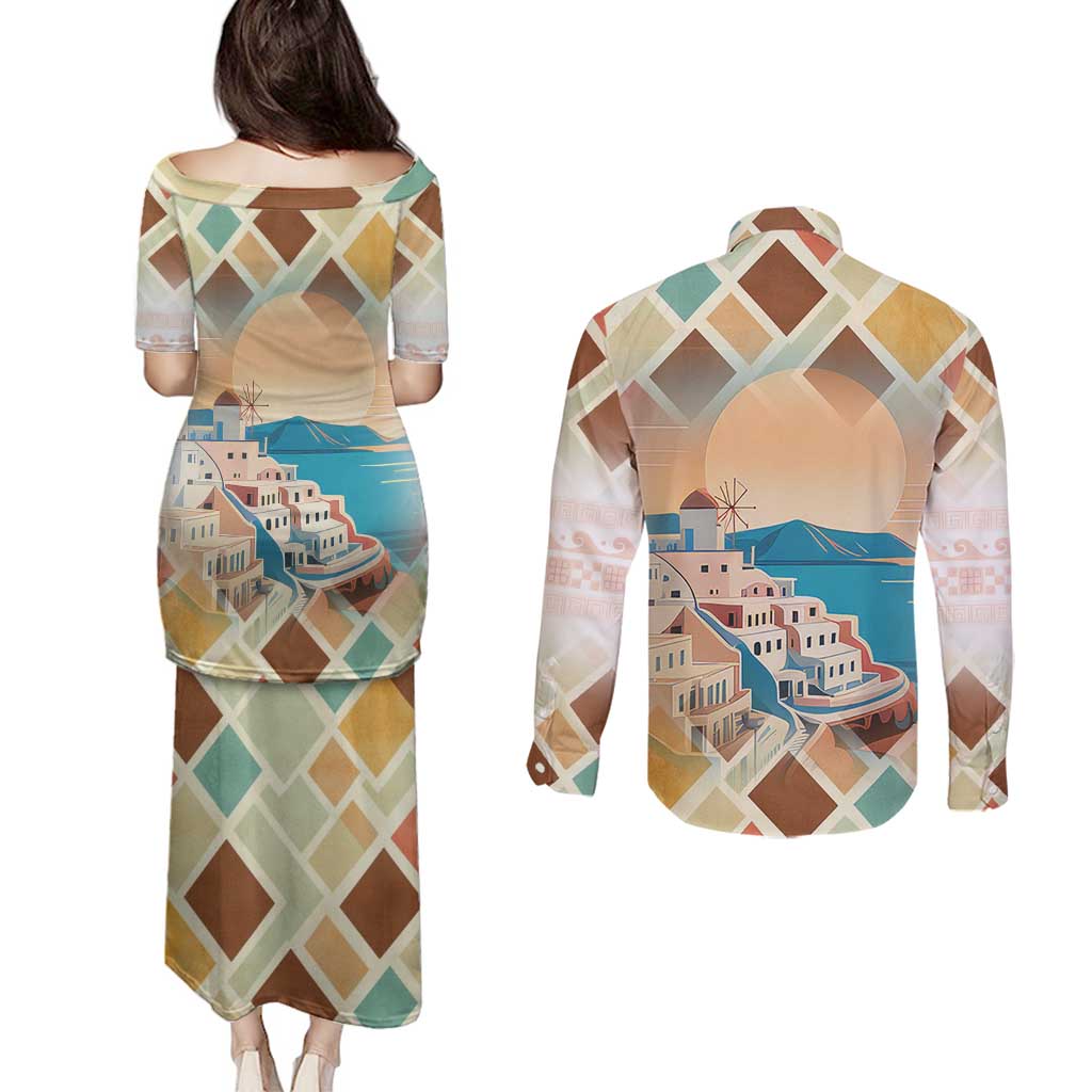 Santorini Greece Couples Matching Puletasi and Long Sleeve Button Shirt Sunset Village Print and Mediterranean Geometric Pattern