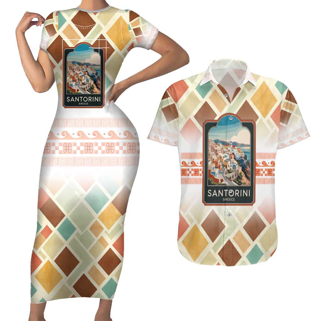 Santorini Greece Couples Matching Short Sleeve Bodycon Dress and Hawaiian Shirt Sunset Village Print and Mediterranean Geometric Pattern