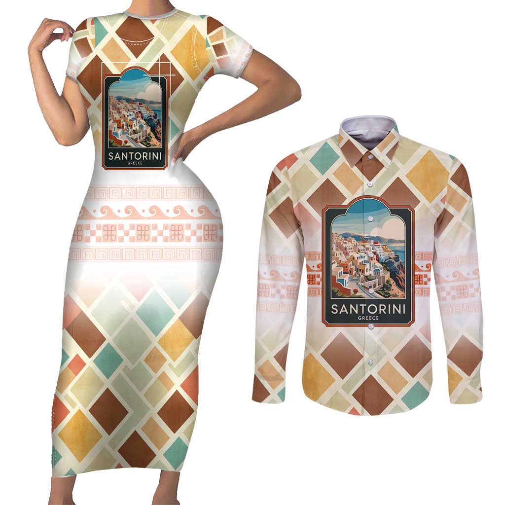 Santorini Greece Couples Matching Short Sleeve Bodycon Dress and Long Sleeve Button Shirt Sunset Village Print and Mediterranean Geometric Pattern