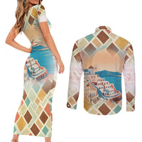Santorini Greece Couples Matching Short Sleeve Bodycon Dress and Long Sleeve Button Shirt Sunset Village Print and Mediterranean Geometric Pattern