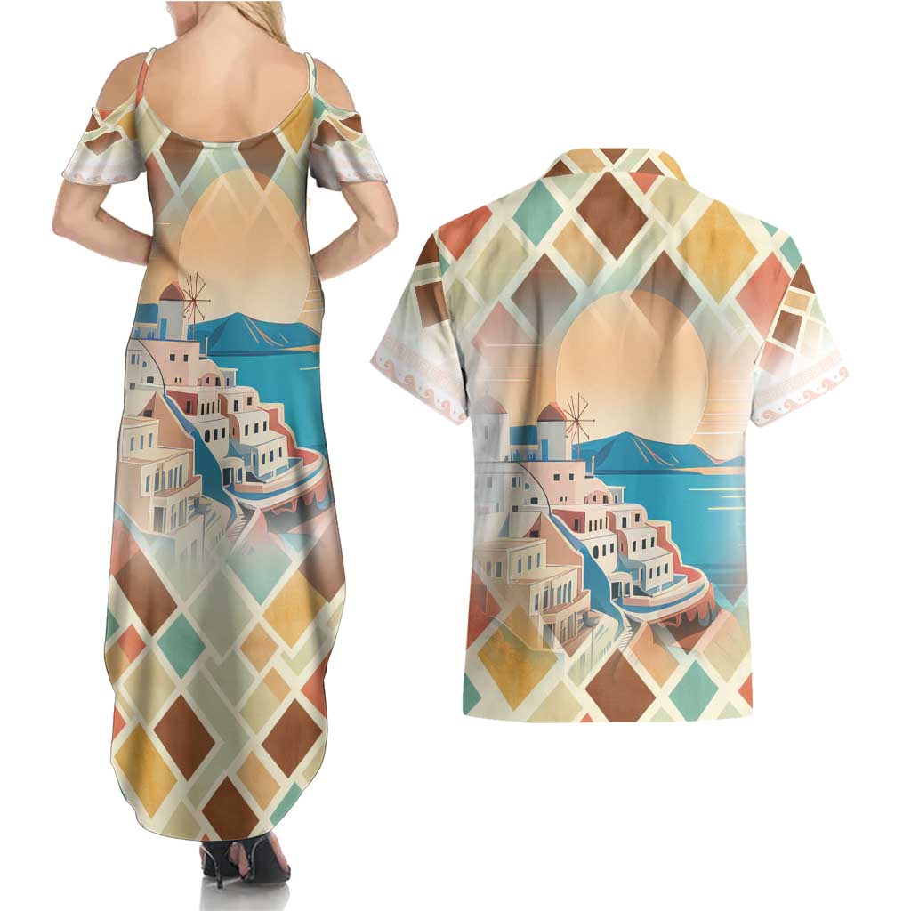 Santorini Greece Couples Matching Summer Maxi Dress and Hawaiian Shirt Sunset Village Print and Mediterranean Geometric Pattern