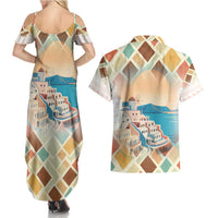 Santorini Greece Couples Matching Summer Maxi Dress and Hawaiian Shirt Sunset Village Print and Mediterranean Geometric Pattern