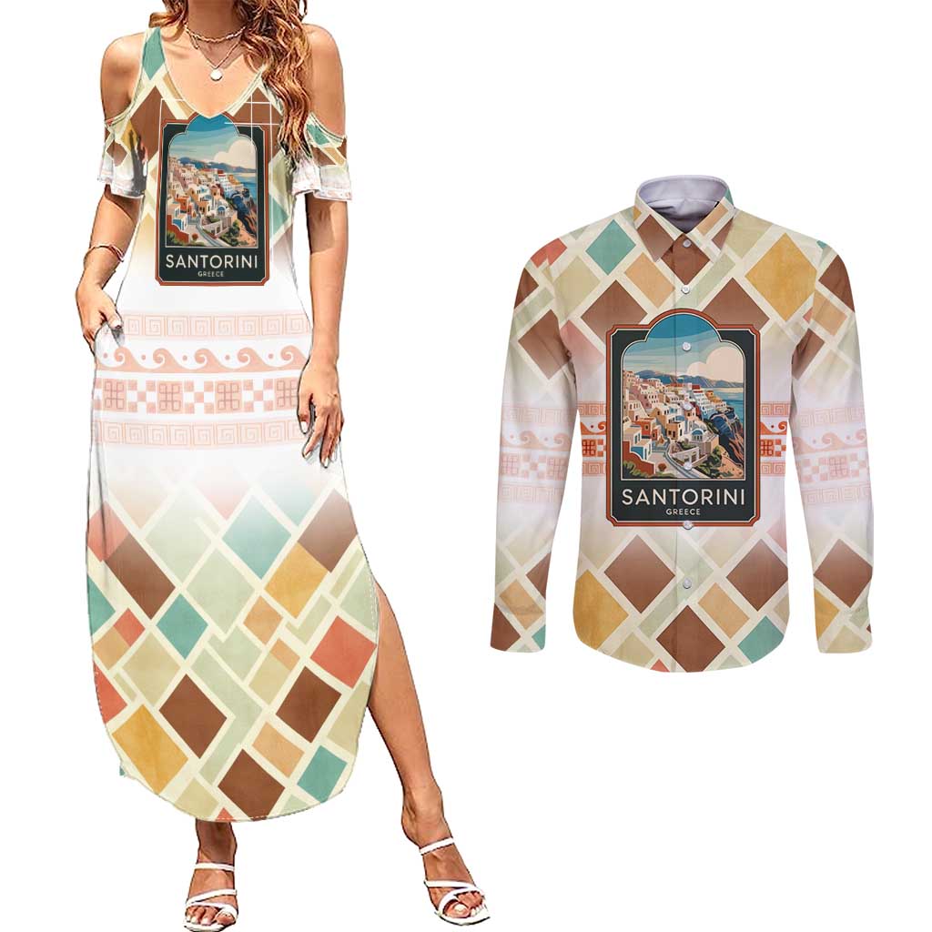 Santorini Greece Couples Matching Summer Maxi Dress and Long Sleeve Button Shirt Sunset Village Print and Mediterranean Geometric Pattern