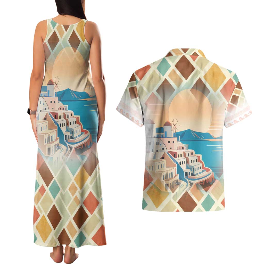 Santorini Greece Couples Matching Tank Maxi Dress and Hawaiian Shirt Sunset Village Print and Mediterranean Geometric Pattern