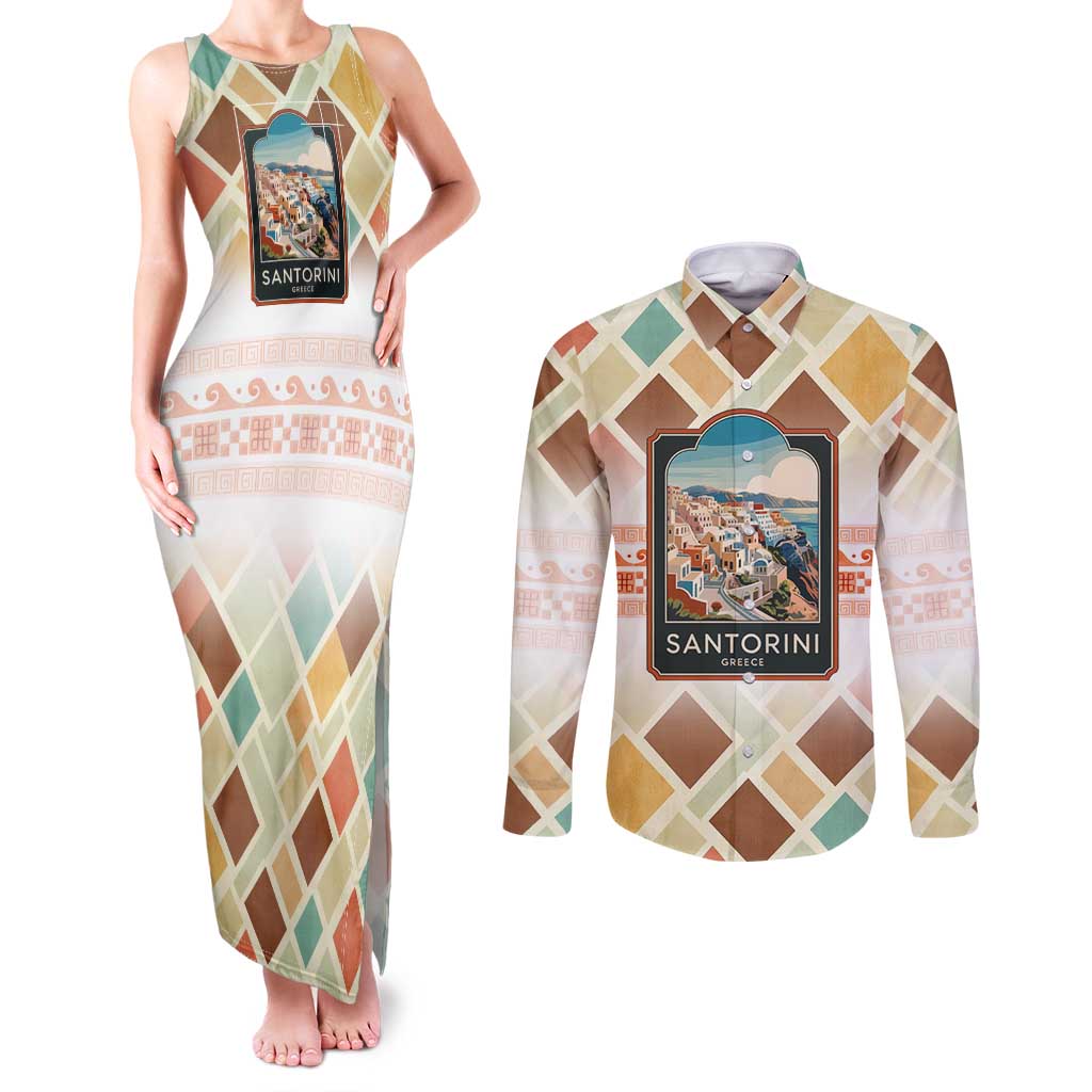 Santorini Greece Couples Matching Tank Maxi Dress and Long Sleeve Button Shirt Sunset Village Print and Mediterranean Geometric Pattern