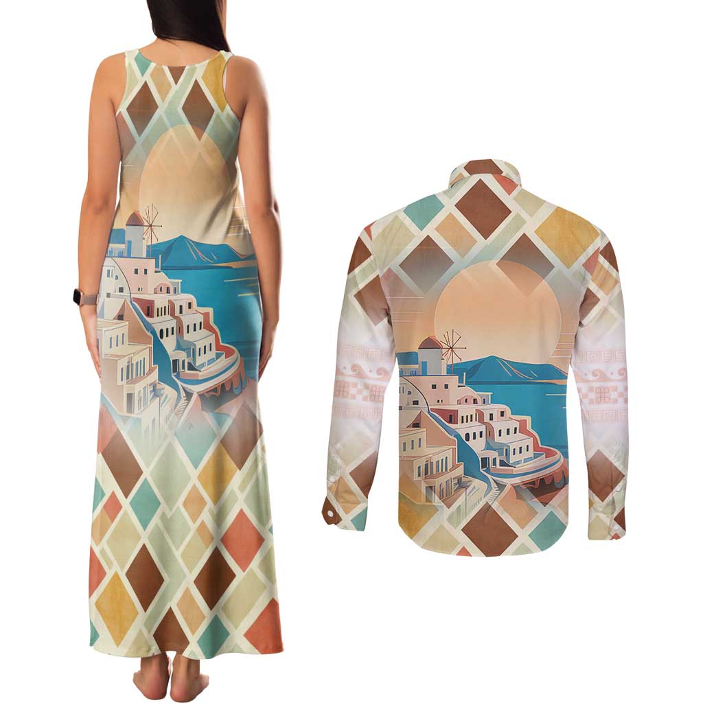Santorini Greece Couples Matching Tank Maxi Dress and Long Sleeve Button Shirt Sunset Village Print and Mediterranean Geometric Pattern