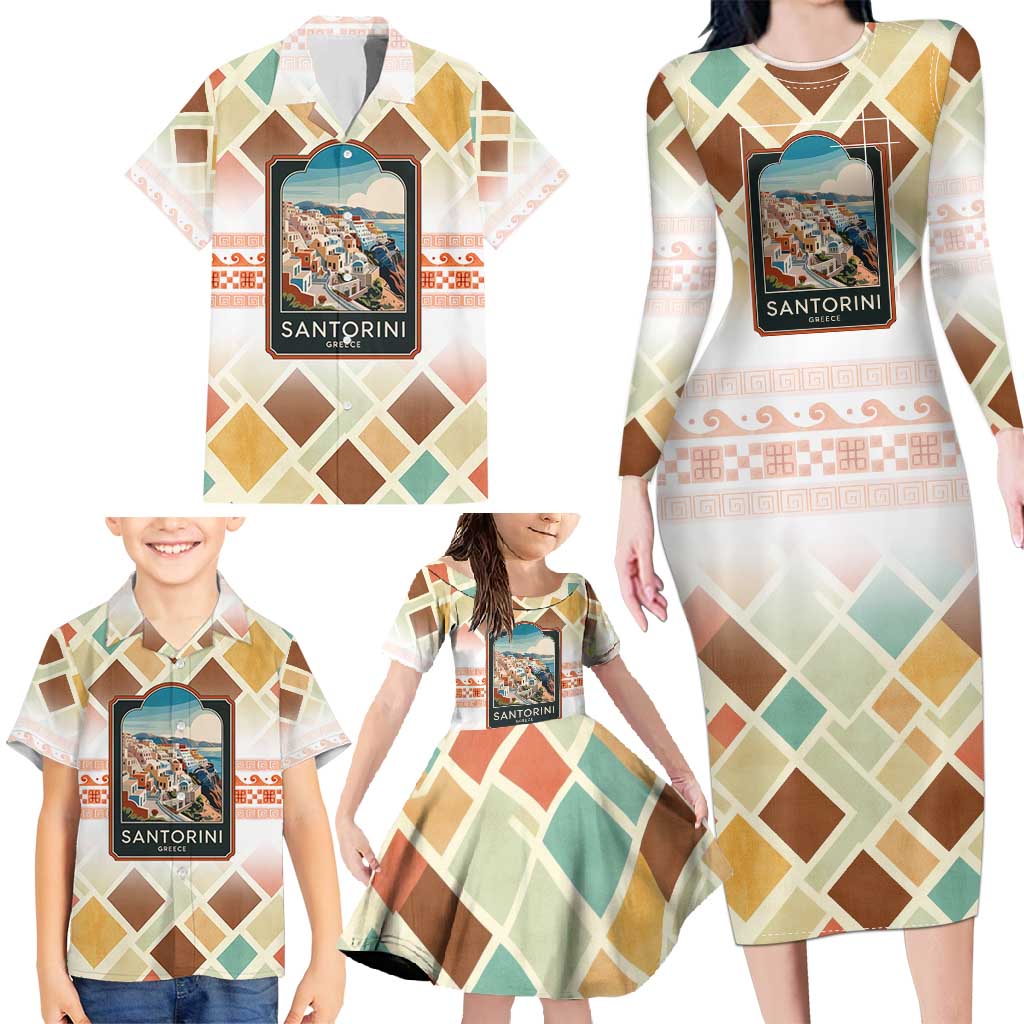Santorini Greece Family Matching Long Sleeve Bodycon Dress and Hawaiian Shirt Sunset Village Print and Mediterranean Geometric Pattern