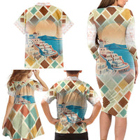 Santorini Greece Family Matching Long Sleeve Bodycon Dress and Hawaiian Shirt Sunset Village Print and Mediterranean Geometric Pattern