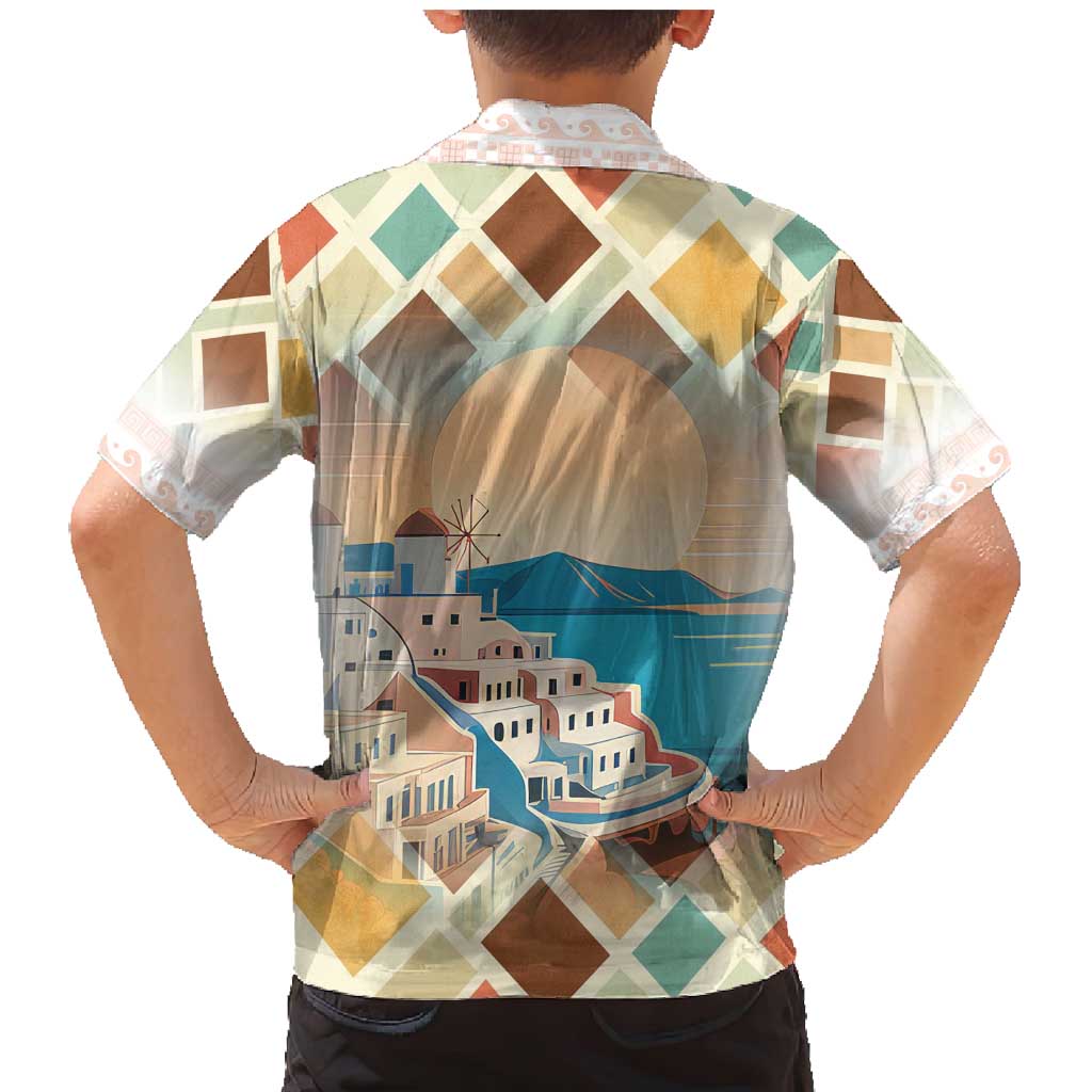 Santorini Greece Family Matching Mermaid Dress and Hawaiian Shirt Sunset Village Print and Mediterranean Geometric Pattern