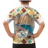 Santorini Greece Family Matching Mermaid Dress and Hawaiian Shirt Sunset Village Print and Mediterranean Geometric Pattern