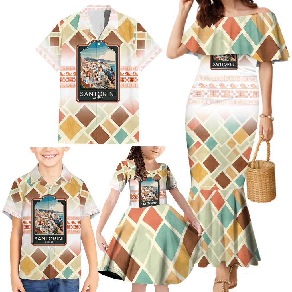 Santorini Greece Family Matching Mermaid Dress and Hawaiian Shirt Sunset Village Print and Mediterranean Geometric Pattern