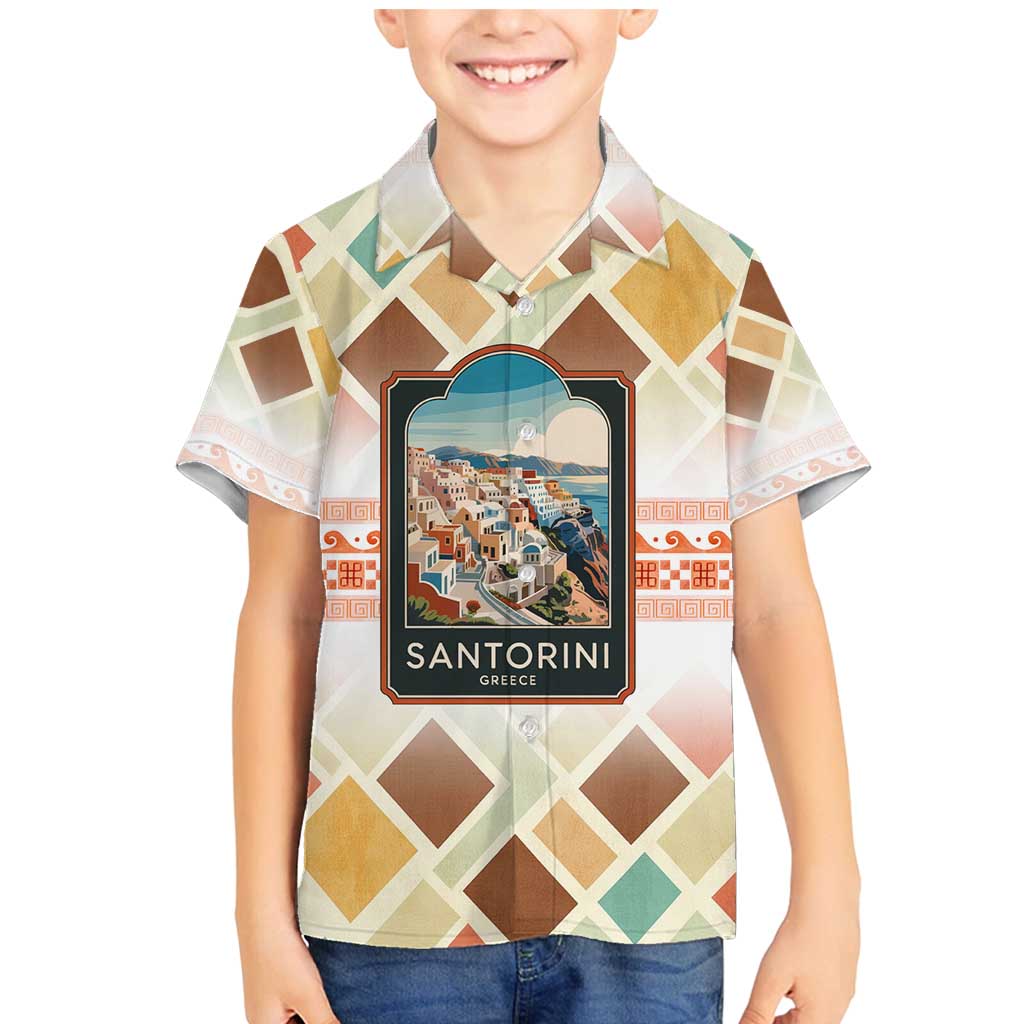 Santorini Greece Family Matching Mermaid Dress and Hawaiian Shirt Sunset Village Print and Mediterranean Geometric Pattern