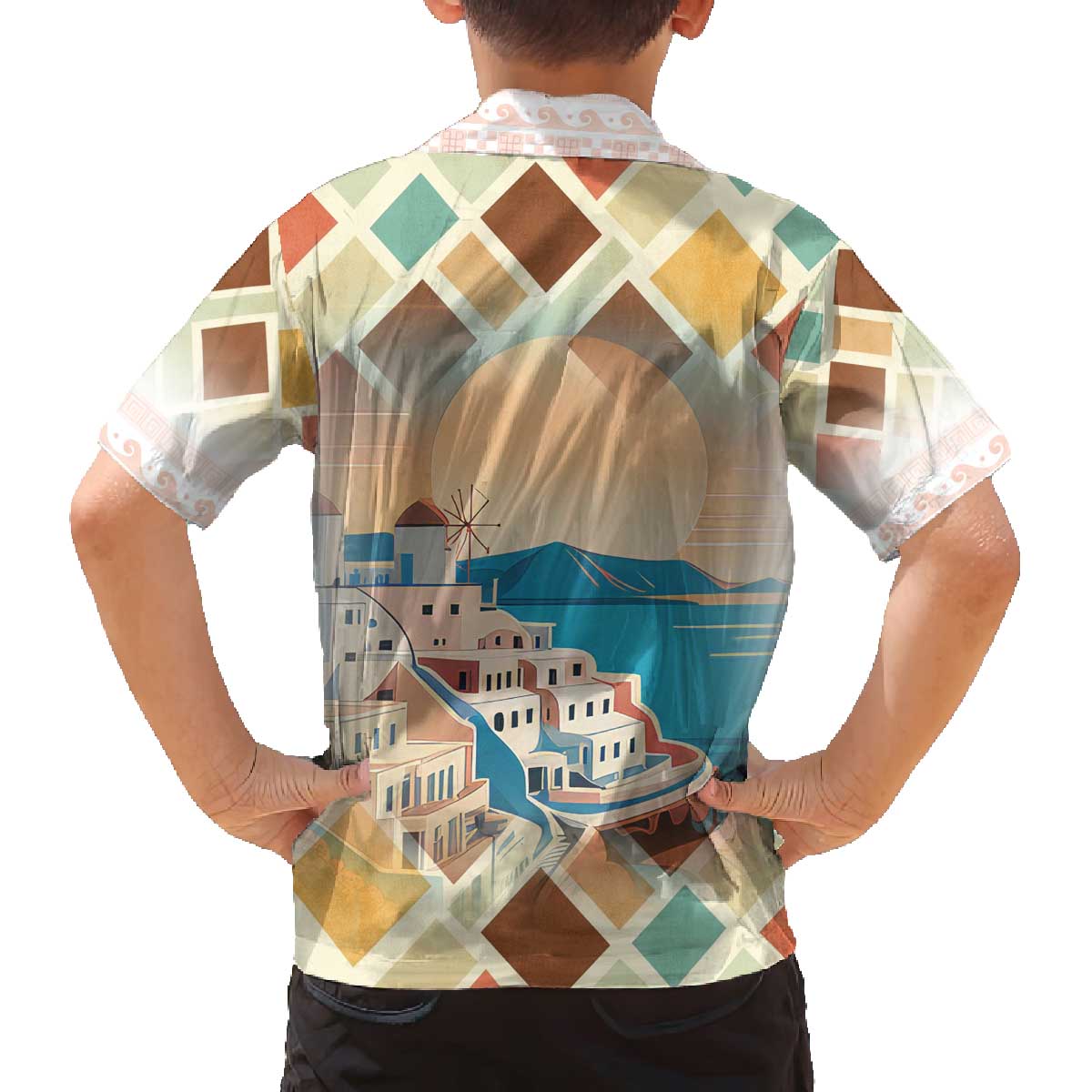 Santorini Greece Family Matching Off The Shoulder Long Sleeve Dress and Hawaiian Shirt Sunset Village Print and Mediterranean Geometric Pattern