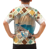 Santorini Greece Family Matching Off The Shoulder Long Sleeve Dress and Hawaiian Shirt Sunset Village Print and Mediterranean Geometric Pattern