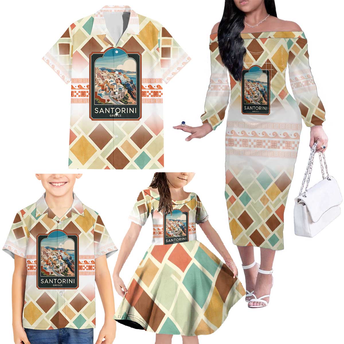Santorini Greece Family Matching Off The Shoulder Long Sleeve Dress and Hawaiian Shirt Sunset Village Print and Mediterranean Geometric Pattern