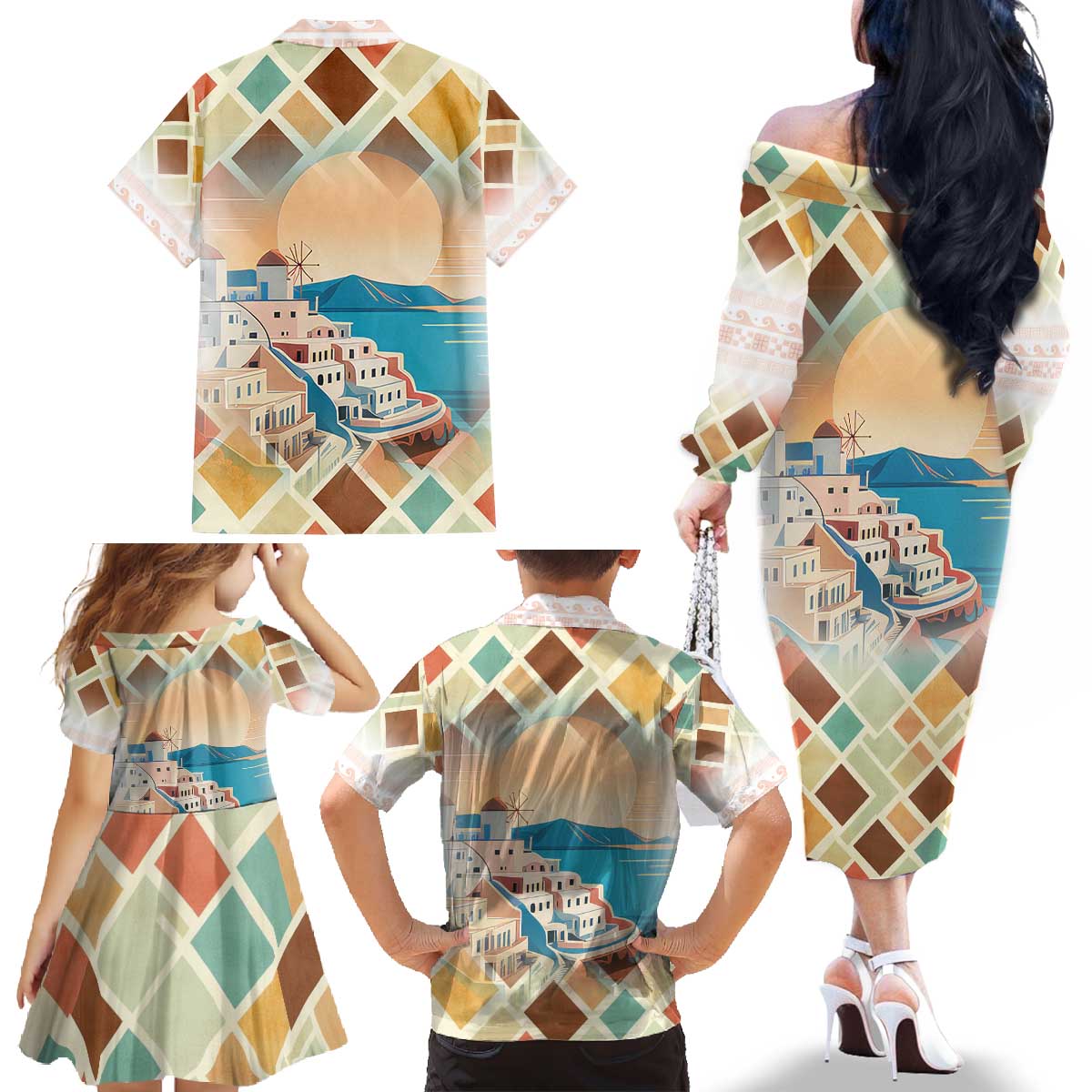 Santorini Greece Family Matching Off The Shoulder Long Sleeve Dress and Hawaiian Shirt Sunset Village Print and Mediterranean Geometric Pattern