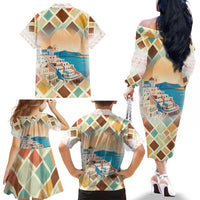 Santorini Greece Family Matching Off The Shoulder Long Sleeve Dress and Hawaiian Shirt Sunset Village Print and Mediterranean Geometric Pattern